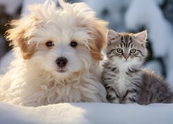 Mały kotek i biały kudłaty pies na śniegu