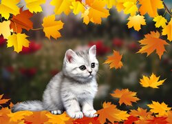 Mały kotek wśród jesiennych liści w grafice