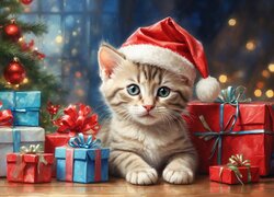 Mały kotek wśród pudełek z prezentami pod choinką