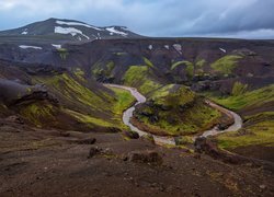 Góry, Masyw wulkaniczny, Kerlingarfjoll, Skały, Rzeka, Zakole, Islandia