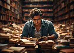 Mężczyzna czytający książkę w bibliotece