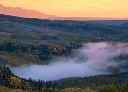 Mgła nad jesiennym lasem w dolinie i góry w tle