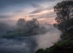 Mglisty poranek nad rzeką Istra w Rosji
