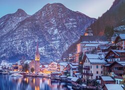 Jezioro, Hallstattersee Lake, Góry, Kościół, Śnieg, Hallstatt, Austria