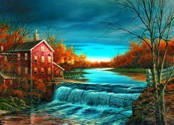 Młyn wodny, Rzeka, Drzewa, Jesień, Malarstwo, Terry Redlin