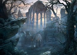 Mnisi obok ruin świątyni w grafice fantasy