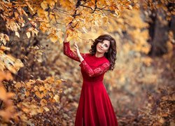 Kobieta, Czerwona, Sukienka, Park, Drzewa, Jesień