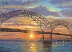 Stany Zjednoczone, Stan Tennessee, Memphis, Most Hernando de Soto Bridge, Rzeka Missisipi, Malarstwo, Robert Finale, Wschód słońca