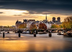 Rzeka Sekwana, Most, Domy, Drzewa, Chmury, Paryż, Francja