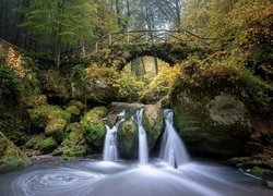 Wodospad Schiessentumpel, Rzeka, Most, Skały, Drzewa, Las, Mała Szwajcaria, Mullerthal, Luksemburg