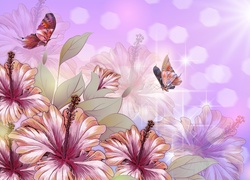 Motylki nad kwiatami hibiskusa w 2D