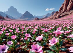 Różowe, Kwiaty, Polana, Góry, Grafika