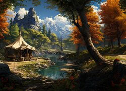 Namiot i jesienne drzewa nad rzeką na tle gór w 2D