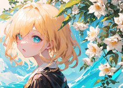 Niebieskooka dziewczyna przy kwiatach w anime