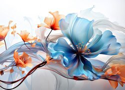 Kwiaty, Pomarańczowe, Niebieski, Grafika