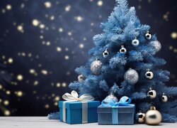 Choinka, Niebieskie, Prezenty, Boże Narodzenie, Grafika
