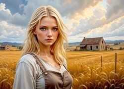 Kobieta, Blondynka, Pole, Zboże, Domy