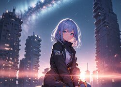 Niebieskooka dziewczyna w kurtce na tle wieżowców w anime