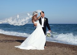 Ślub, Nowożeńcy, Morze, Radość