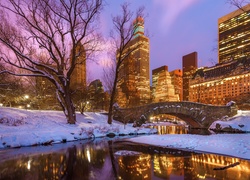 Nowy Jork - Central Park na Manhattanie z wieżowcami i mostem w zimowy wieczór