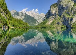 Góry, Odbicie, Jezioro Obersee, Drzewa, Park Narodowy Berchtesgaden, Bawaria, Niemcy