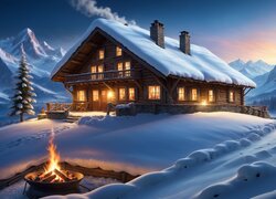 Ognisko i oświetlony dom w scenerii zimowej