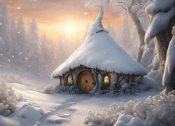 Ośnieżony domek Hobbita w lesie