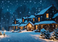 Oświetlone domy i padający śnieg
