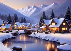 Oświetlone domy nad rzeką w górskim miasteczku zimową porą
