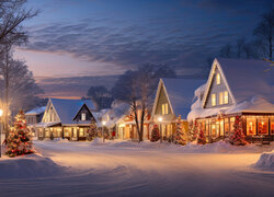 Oświetlone domy przy zaśnieżonej ulicy nocą