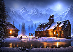 Oświetlone drewniane chaty w śniegu nad górską rzeką