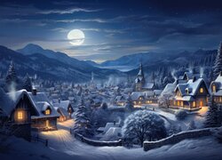 Oświetlone miasteczko w górskiej dolinie w księżycowym blasku