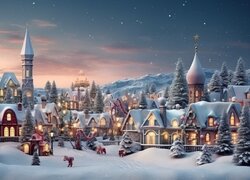 Oświetlone miasteczko w zimowej scenerii