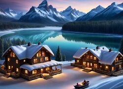 Oświetlone ośnieżone domy nad górskim jeziorem w grafice