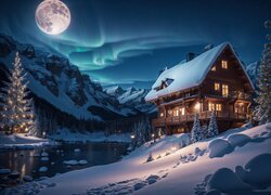 Oświetlony dom i choinki nad górskim jeziorem w blasku księżyca zimową porą