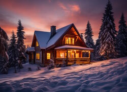Oświetlony dom w zaśnieżonym lesie o zmroku