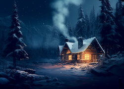 Oświetlony dom w zimowym lesie nocną porą