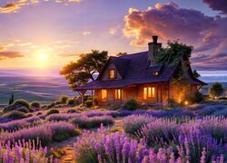Oświetlony dom wśród kwitnącej lawendy o zachodzie słońca