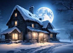 Oświetlony drewniany dom w blasku księżyca