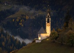 Włochy, Południowy Tyrol, Dolomity, Góry, Drzewa, Mgła, Noc, Kościół