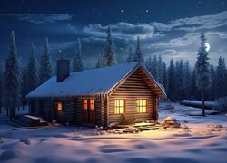 Zima, Dom, Światła, Drzewa, Noc, Księżyc, Grafika