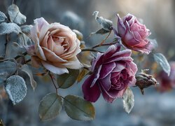 Róże, Oszronione, Kwiaty, Grafika AI