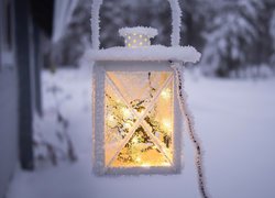 Lampion, Rozświetlony, Śnieg, Szron