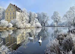Pałac i staw z łabędziami w zimowym krajobrazie Bawarii
