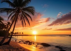 Palmy na plaży o zachodzie słońca nad morzem