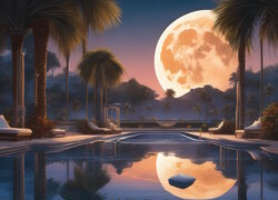 Palmy nad hotelowym basenem i księżyc nad górami w grafice