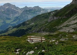 Góry, Alpy, Łąka, Żółte, Kwiaty, Ławka, Engelberg, Szwajcaria