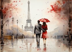 Para pod parasolem na tle Wieży Eiffla w Paryżu