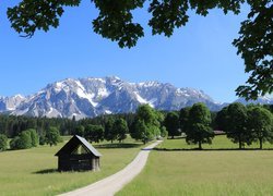 Góry Dachstein, Alpy Salzburskie, Droga, Drzewa, Szopa, Styria, Austria