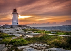 Kanada, Latarnia morska: Peggys Point Lighthouse, Kamienie, Skały, Trawa, Morze, Chmury